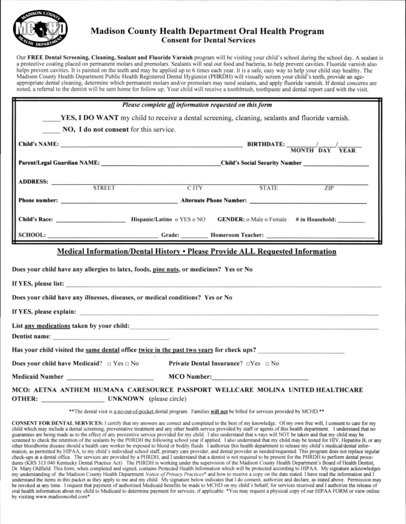 Consent for Dental Services form to print and complete